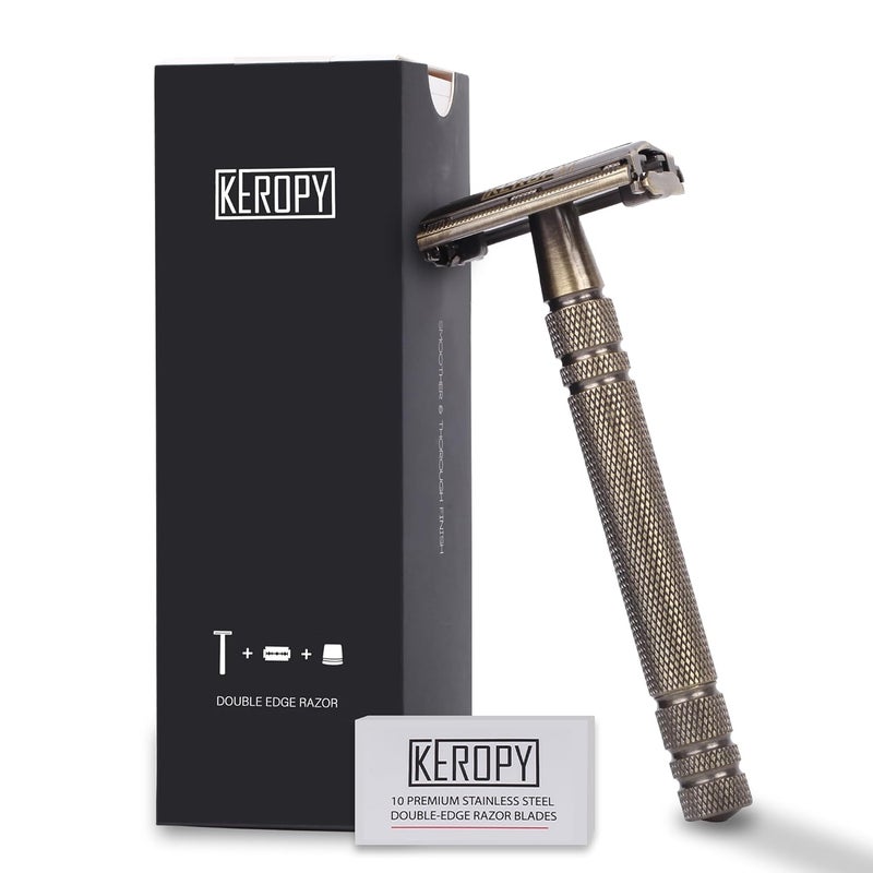 Keropy Premium Brass Double Edge Safety Razor Kit, Heavy Duty Anti-Rust Shaver for Classic Wet Shave - Luxury Shaving Gift for Him, Dad - High-End Reusable Razor Set - Bronze - Image 1